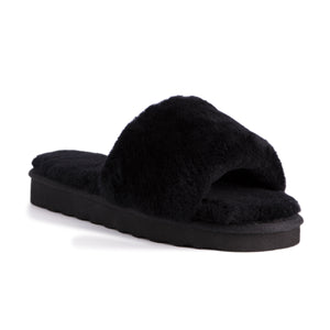 AUS WOOLI UGG WOMEN SHEEPSKIN FLUFF SLIDE - Black