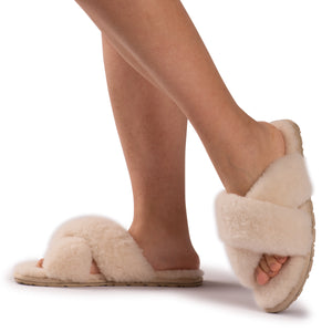 AUS WOOLI AUSTRALIA WOMEN SHEEPSKIN WOOL BRIGHTON SLIPPERS- TAN